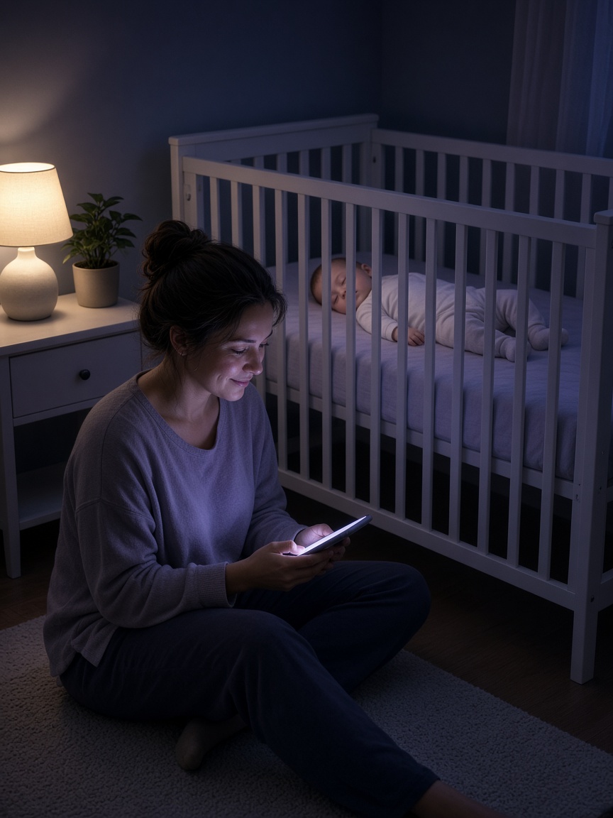 Cuidadora con el teléfono en la mano mientras el bebé duerme en la cuna