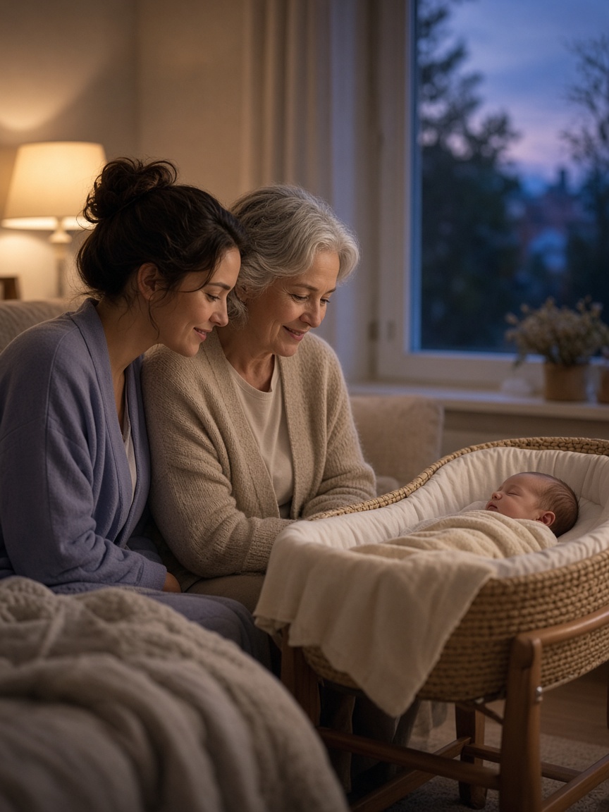 Madre y abuela mirando al bebé dormido